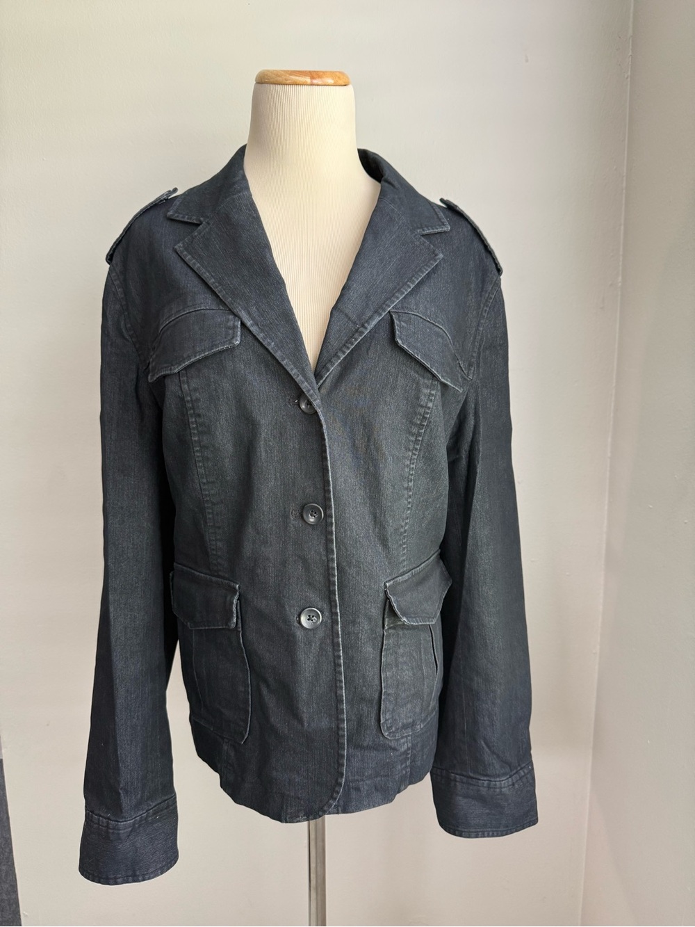 Attention Women’s Black Denim Triple Button Blazer Jacket Pockets Lined Size 18